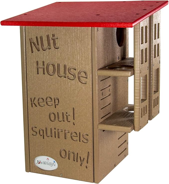 JCS Wildlife Ultimate Wooden Squirrel House, Multi-Tier Squirrel Nesting House with Predator Guards, Weather-Resistant Recycled Poly Lumber, Easy-Clean Tree House for Outside, Red & Tan