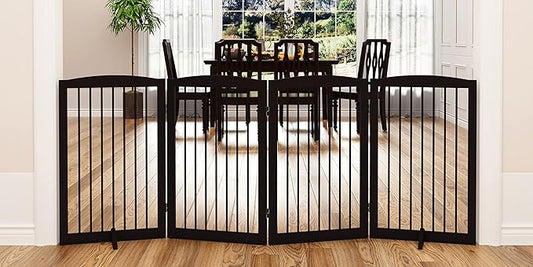 PUPETPO Freestanding Pet Gate for Dogs, Indoor Wooden Foldable Dog Gate for House, Doorway, Stair, 80 Inch Wide, 4 Panels 32",Brown