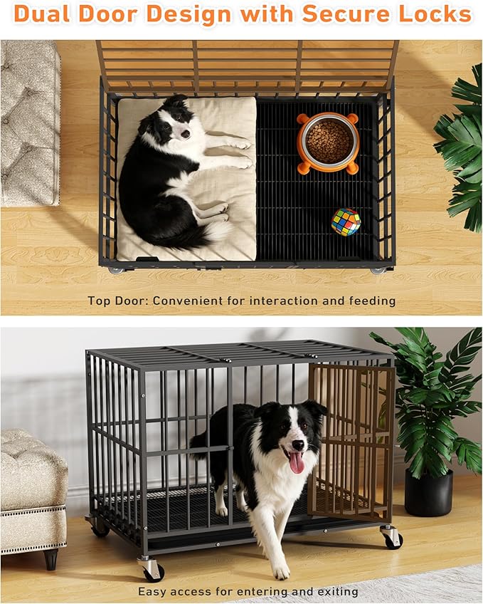 48 in Heavy Duty Dog Crate for Large Dogs, Dog Kennel Indoor with Removable Tray and Lockable Wheels, Easy to Clean, XL Dog Cage for Large and Medium Dogs
