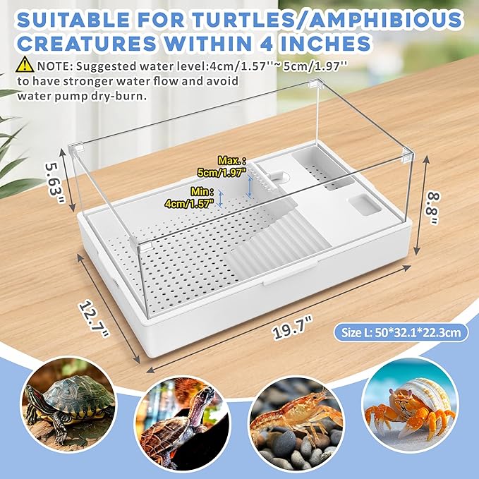 GOZILLA Large Turtle Tank Kit+Water Pump, Acrylic Turtle Tank Starter Kit with Adjustable 5W Water Pump and Two Shower Heads, Multi-Functional Area for Small/Medium Turtles(Large-White Kit)
