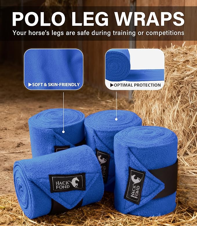 Fleece Horse Polo Leg Wraps Set of 4, 10' Horse Leg Bandages Stable Supplies Equestrian Boots True Blue