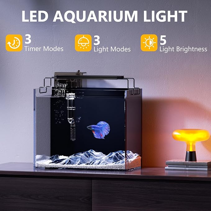 3 Gallon Fish Tank Aquarium Kit with Heater, HOB Filter, LED Light with Timer, Lid, Siphon Vacuum Cleaner, Self Cleaning Glass Rimless Betta Tank