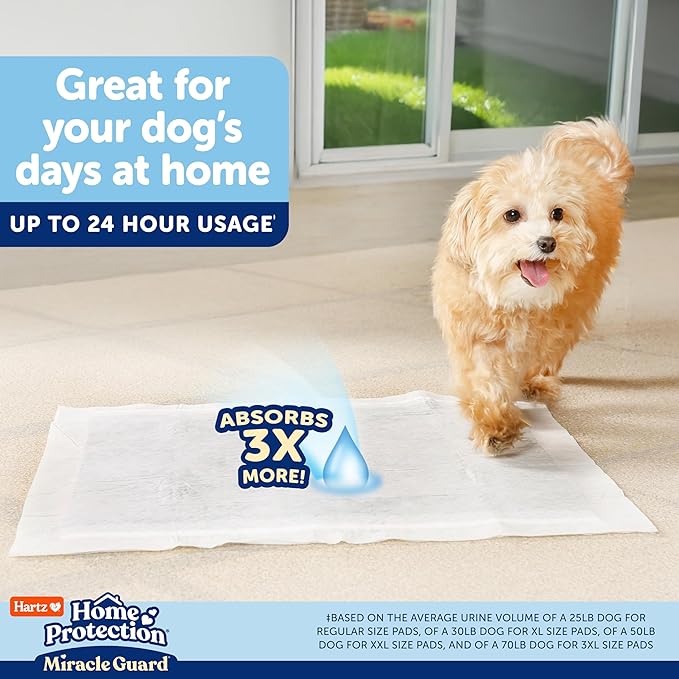 Hartz Miracle Guard Dog and Puppy Dog Pads Max Absorbency 24 Hour Use Odor Eliminating No Leaks, X-Large Size 30 Count