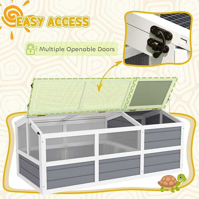 PawHut Tortoise Habitat, Wooden Outdoor Tortoise Enclosure with Doors, PC Sun Panel Windows, Bottomless Design Tortoise House for Small Animals, Rabbits, Light Gray