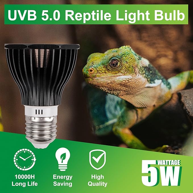 UVB Reptile Light Bulb 5.0, 5W LED High Intensity UV Replacement Lamp Bulbs for Tropical Reptiles Bearded Dragon Hermit Crab Turtle Leopard Gecko Tank Chameleons Iguanas Snake - 1 Pack