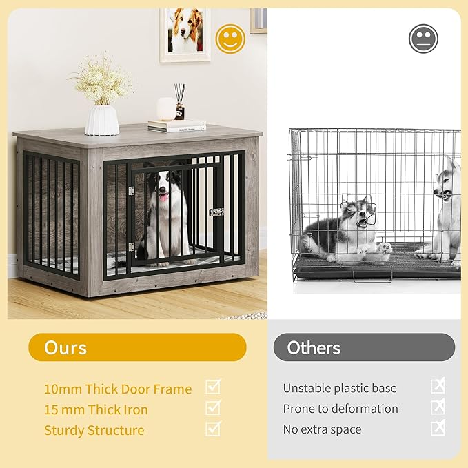 DWVO Dog Crate Furniture, 38 Inch Dog Kennel Indoor Furniture End Table for Dogs, Farmhouse Decorative Wooden Cage, Chew-Resistant, Grey