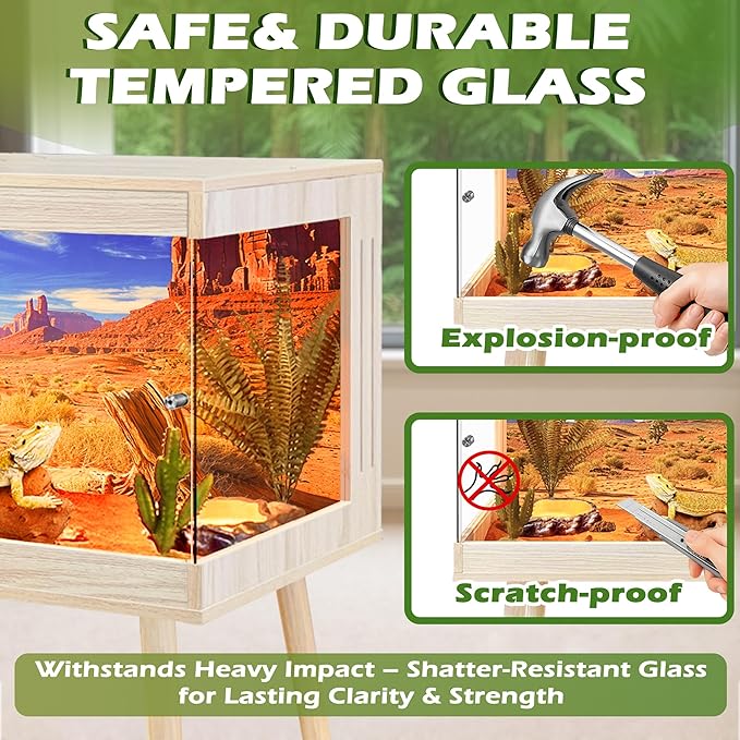 Royxen Bearded Dragon Tank,82 Gallon Reptile Tank with Leg Stand,Built-in Lighting Reptile Enclosure,Tempered Glass Bearded Dragon Encloure for Chameleon (Oak,48"x 20"x 20")