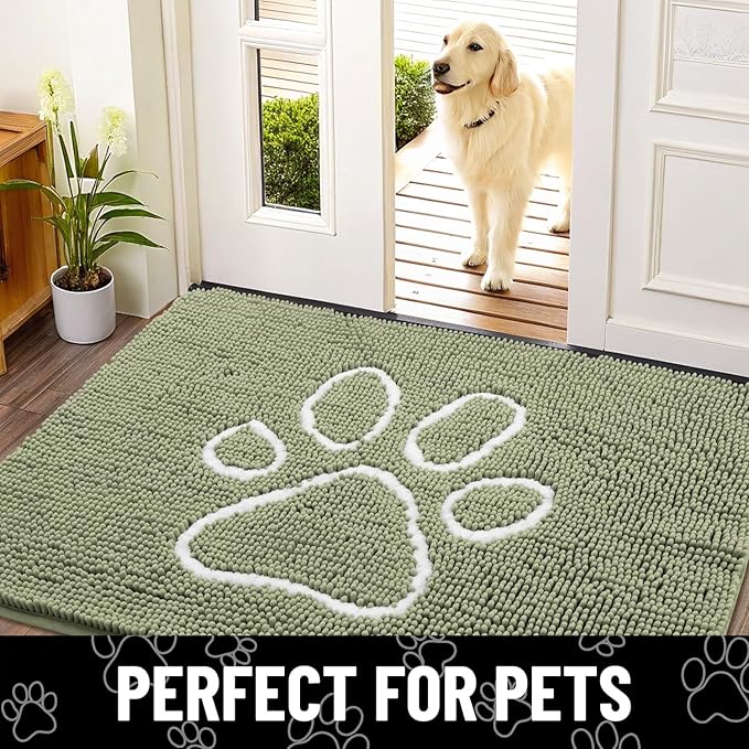 Smiry Dog Door Mat for Muddy Paws, Absorbent Dirt Trapper Non Slip Quick Dry Washable Chenille Mat for Mud Dogs, Entry Rug for Indoor and Outdoor (40x32 Inches, Sage Green and White)
