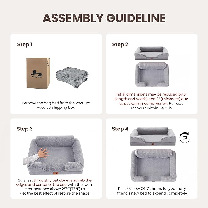 Orthopedic Dog Beds for Medium Size Dogs, Waterproof Egg-Crate Foam Pet Couch Bed with Soft Sides, Non-Slip Dog Sofa with Fleece Removable Washable Cover, 28"L Supportive Pet Sofa, Light Grey