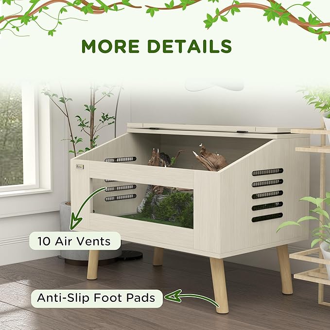 PawHut Reptile Terrarium 30 Gallon Top Opening Reptile Tank with Glass Windows Air Ventilations, Wooden Hamster Cage for Snakes Lizards Horned Frogs Chameleons Gerbils, 31.5" x 20" x 24"
