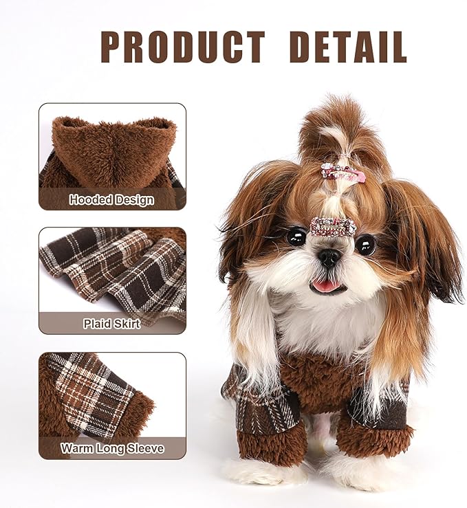 DaFuEn Dog Sweater,Dog Dress, Dog Sweaters Dresses for Small Dogs,Cute Warm Fleece Hooded Sweater for Small Dogs, Plaid Puppy Dresses Clothes Chihuahua Yorkie Cat Apparel （Brown,S