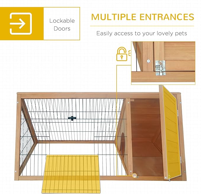 PawHut 46" x 24" Wooden A-Frame Outdoor Rabbit Hutch, Small Animal Cage, Bunny Hutch with Outside Run & Ventilating Wire, Yellow