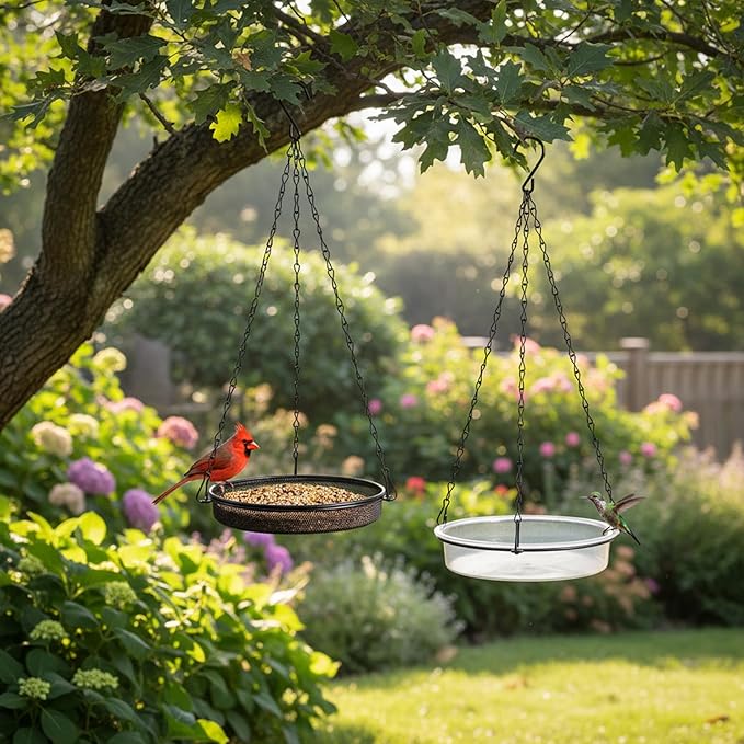 Birdfeeders Outside Hanging, 2-in-1 Metal Birdfeeder & Birdbath Wild Bird Feeder with Mesh Tray and Water Bowl for Garden, Patio, Or Yard