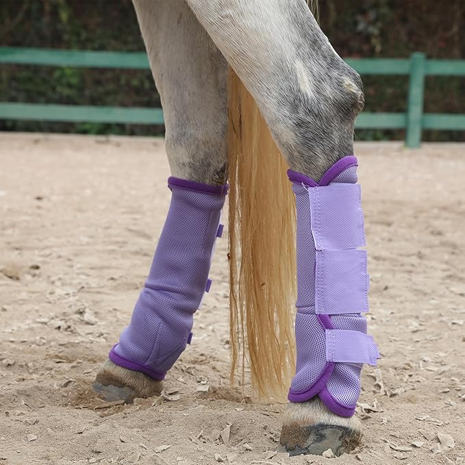 LEAFOREST Horse Fly Boots Set of 4 - Non Slip Leg Protection for Donkey Mini Pony Draft, Breathable Mesh Fly Boots for Pasture & Barn Use Violet Full