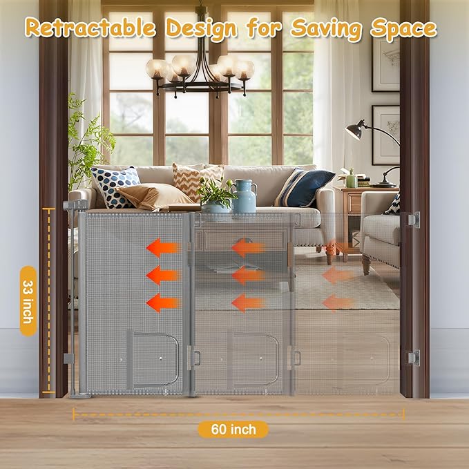 Reinforced 60” Wide Retractable Dog Gate with Cat Door Gates for Pets with Reinforced Strips 33” Tall Mesh Baby Gate Retractable Pet Gates for Dogs Indoor with Door Cats Can in and Out Freely, Gray
