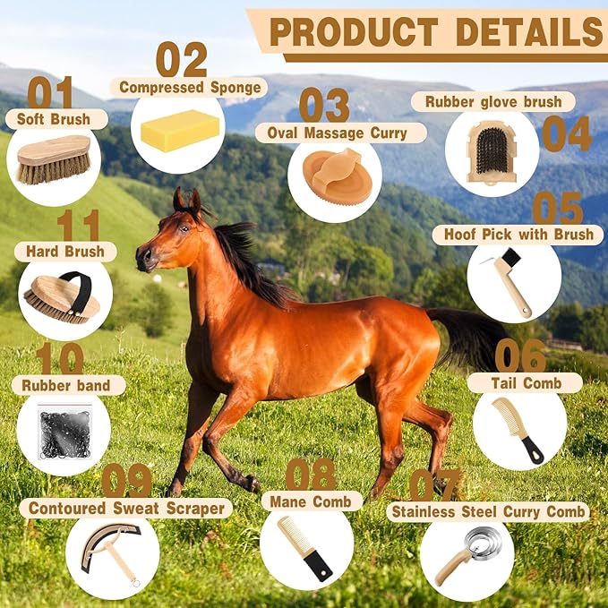 Abbylike 12 Pieces Horse Grooming Kit with Organizer Tote Bag Tack Room Supplies Horse Brush Sets Equine Care Cleaning Kit Shedding Grooming Massaging Tools (Khaki and Black)