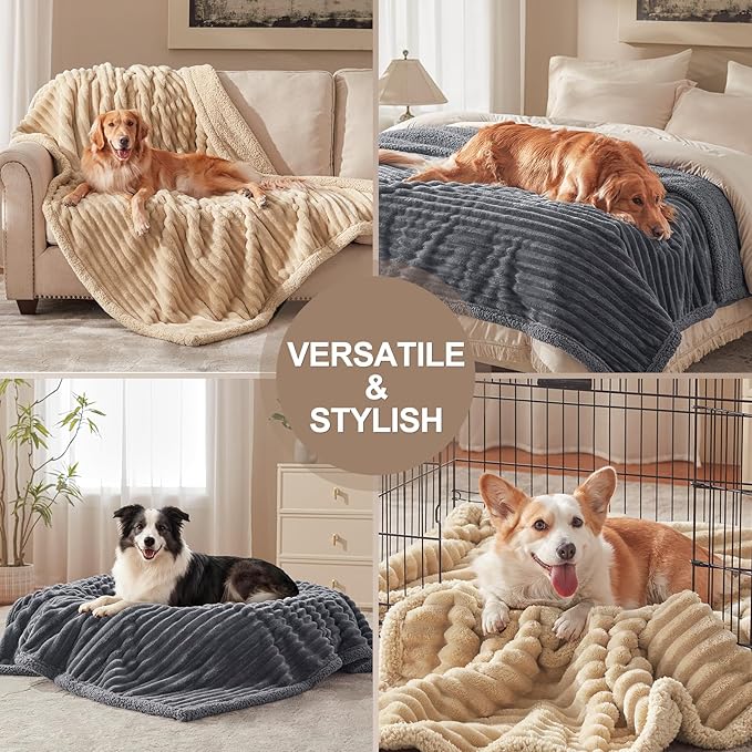 AIPERRO Waterproof Dog Blanket for Large Dogs, Washable Soft Puppy Cat Blanket Flannel Cotton Velour for Sofa Couch Protector, Comfort & Security Reversible Bed Protection for Pet, 50"X60", Khaki