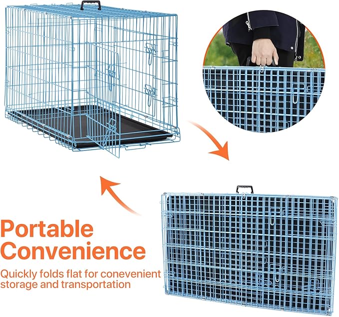 Dog Crate for Large Medium Small Dogs, Folding Dog Kennel Cage with Plastic Tray & Divider 48"/42"/ 36"/ 30"/ 24" Indoor Outdoor Metal Double Door Heavy Duty Dog Pen Enclosure, Blue(36 Inch)