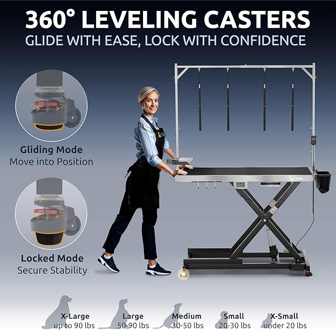 KANIS Professional Electric Dog Grooming Table - Heavy Duty, Height Adjustable Pet Grooming Table w/Leveling Wheels, Grooming Arm, Anti-Slip Tabletop & Tool Organizer/Dog Grooming Station (Black, 49")