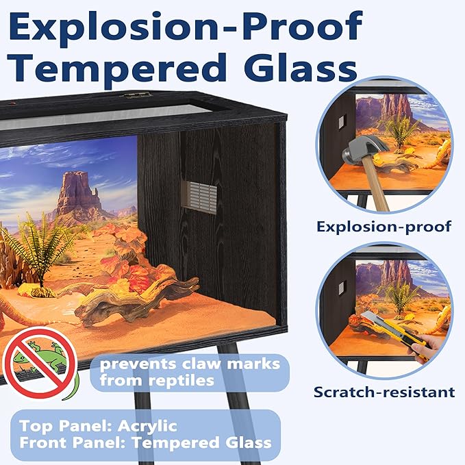 PROLEE 26 Gallon Reptile Tank, Tempered Glass Bearded Dragon Tank with Wooden Roof and Lockable Doors, Large Lizard Habitat with Built-in Lamp Fixture for Snakes, Iguanas, Chameleons (Black)