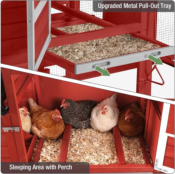 80’’ Chicken Coop with Wheels, Outdoor Wooden Chicken House with Nesting Box, Poultry Chicken Cage with Weatherproof Roof and Leakproof Pull-on Tray, Large Chicken Coops with 2-4 Chickens (Red)
