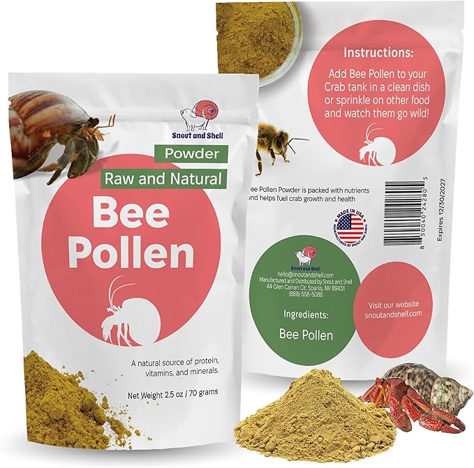Snout and Shell Bee Pollen Powder for Hermit Crabs – Natural Food Supplement for Molting & Recovery – Auto Feeder Safe Powder Food Topper – No Filler Crab Nutrition Booster – 2.5 oz