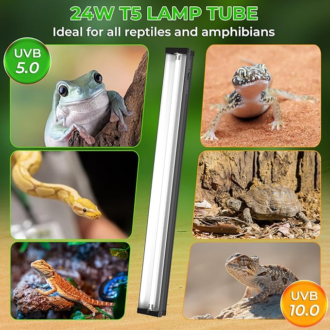 Lustaled 22inch 24W T5 UVB Reptile Light Combo Kit for Tropical & Desert Reptiles, Switchable UVB 5.0, UVB 10.0, Reptile Lamp Terrarium Hood UVB Light for Bearded Dragon, Lizards, Chameleon, Turtle