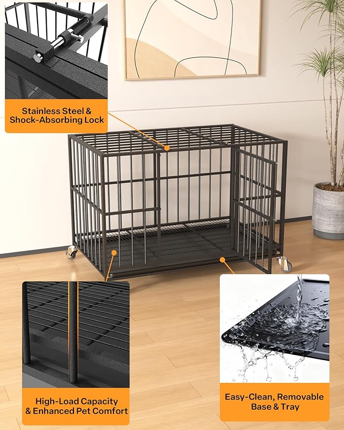 42 in Heavy Duty Dog Crate Steel Escape Proof, Indoor Double Doors and Lockable Wheels,Removable Tray, for Medium and Large Large Dog Breeds,XL