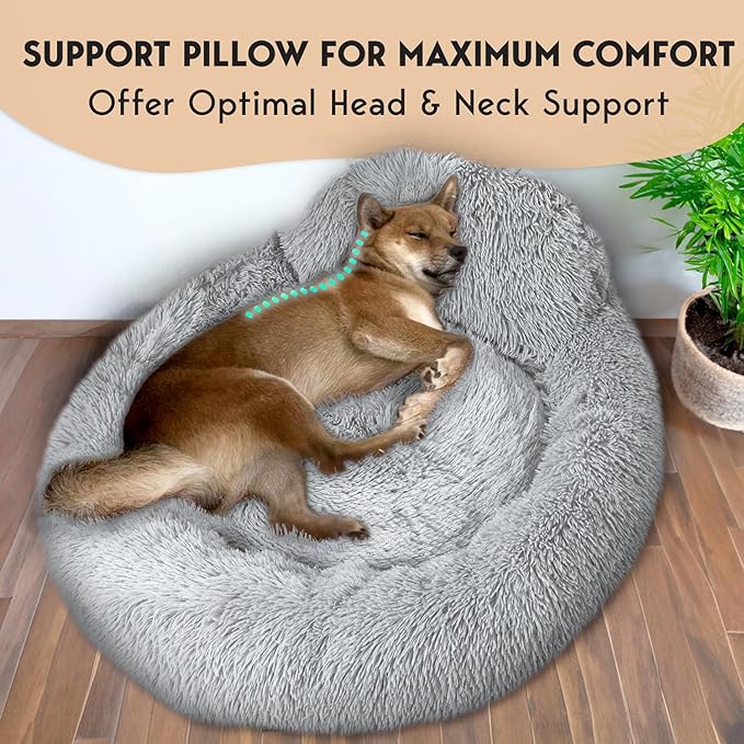 PetJett Calming Dog Bed Medium Size Dog - 30'' Donut Bed, Washable Dog Bed - Anti-Slip Super Soft Fluffy Plush Round Bed, Anti-Anxiety Premium Comfort Pet Bed, Fits Dogs up to 45 lbs - Bright Grey