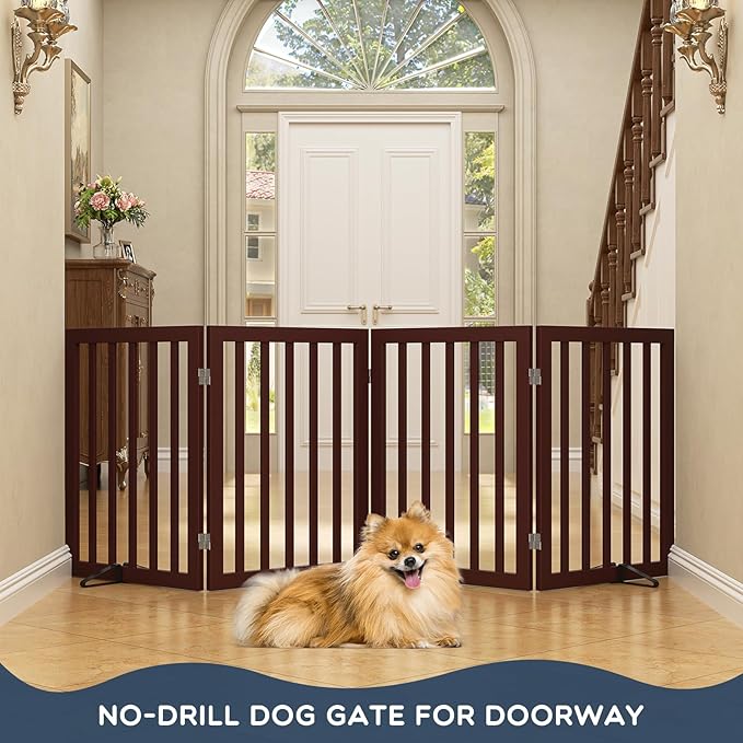 Homykic Bamboo Freestanding Dog Gate, No Assembly Pet Gate Indoor, 24”H x 75”W Extra Wide Foldable Puppy Fence with Support Feet for the House, Doorways Stairs, 4 Panels, No Drilling, Espresso