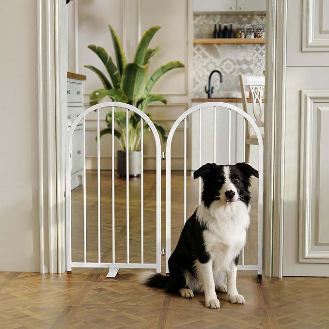 PUPETPO Full Metal Dog Gate for Indoor Outdoor, 32" Tall Free Standing Pet Dog Fence, 36" Wide Arched Pet Gates for Stairs, Hallways, Doorways, Kitchen, Decks, Yards (White, 2 Panels)