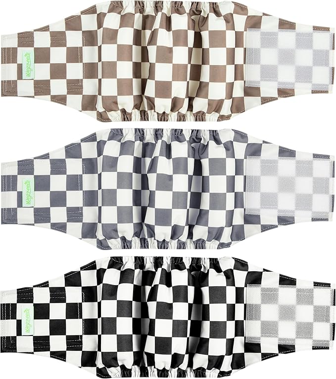 wegreeco Washable Male Dog Belly Band (Stylish Pattern)- Pack of 3 - Washable Male Dog Belly Wrap, Dog Diapers Male (Black, Grey, Dark Coffee Checkerboard, XX-Large)