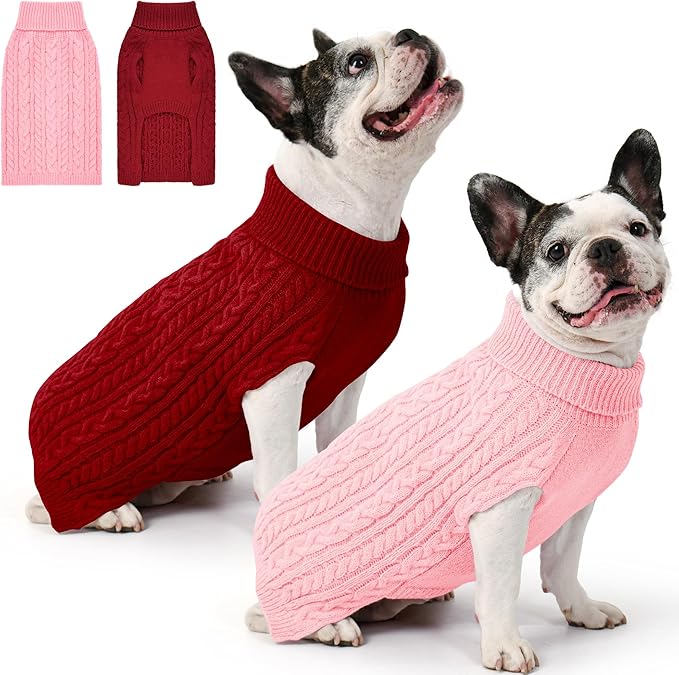 2 Pack Dog Sweaters for Medium Dogs Winter Turtleneck Pullover Cable Knit Fleece Stretch Frenchie Dachshund Pug Corgi Beagle Boy Girl Pet Clothes (M, Pink & Red)