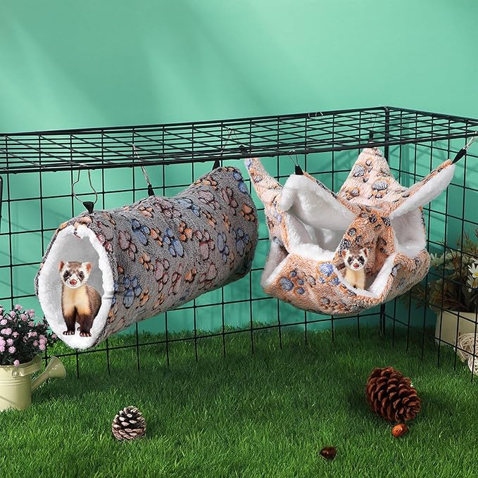 Sweetude 6 Pcs Rat Hammock Set Ferret Hanging Tunnel 3 Tier Guinea Pig Hammocks Hideout Soft Chinchilla Bed for Cage Accessories Hide,Play and Sleep(Cute,Paw)