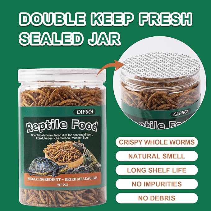 Dried Mealworm for Reptiles - High Protein Reptile Food for Bearded Dragons Turtles, Geckos, Snakes, Frogs Chickens, Birds, Hamsters & Hedgehogs（9oz）