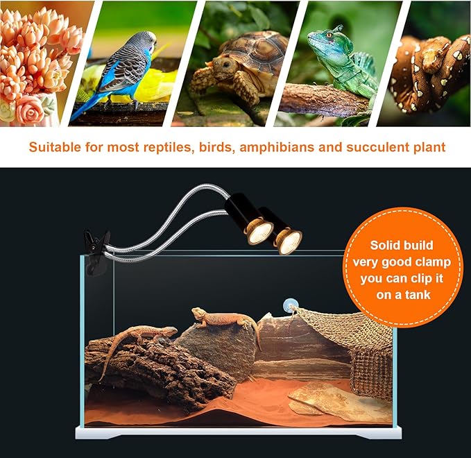 Reptile Heat Lamp, Double-Head Reptile Light Timer, UVA UVB Reptile Light with Clamp for Tortoise, Leopard Gecko, Bearded Dragon, Lizards and More, E26/27 Base with 3 Bulbs