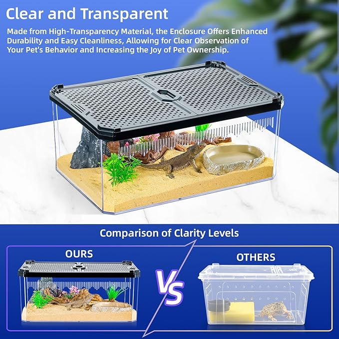 High-Transparency Reptile & Insect Enclosure Terrarium with Magnetic Door, Excellent Ventilation, Easy Cleaning, and Strong, Long-Lasting Build for Cricket,Frog,Gecko, Tarantula, Hermit Crab Black,7.5