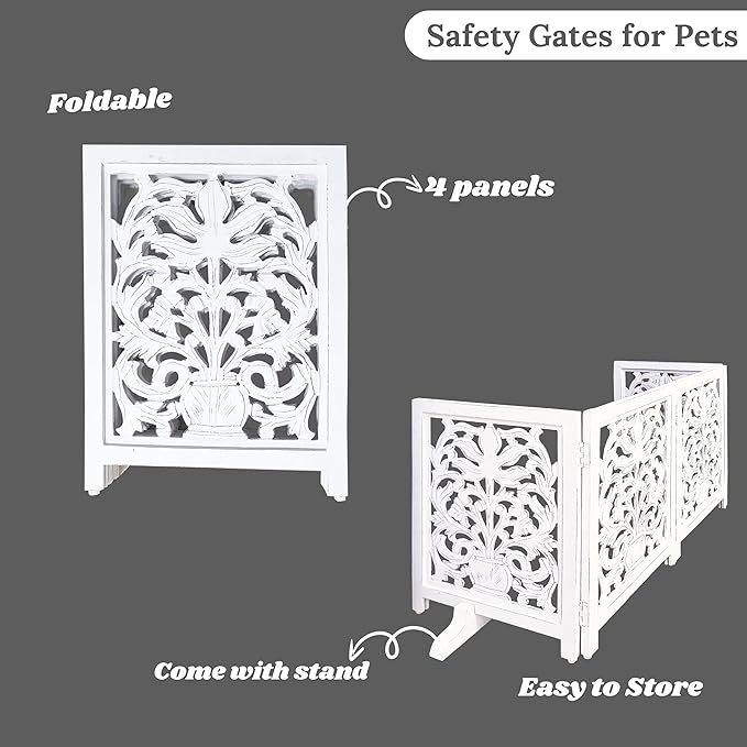 Lightnpro Wooden Dog Gate -Foldable Freestanding Pet Gate for Indoor Use, Adjustable Safety Barrier for Dog, Puppies & Small Pets, for Stairs & Doorways- 24" Height 18" Wide (4 Panel) Antique White