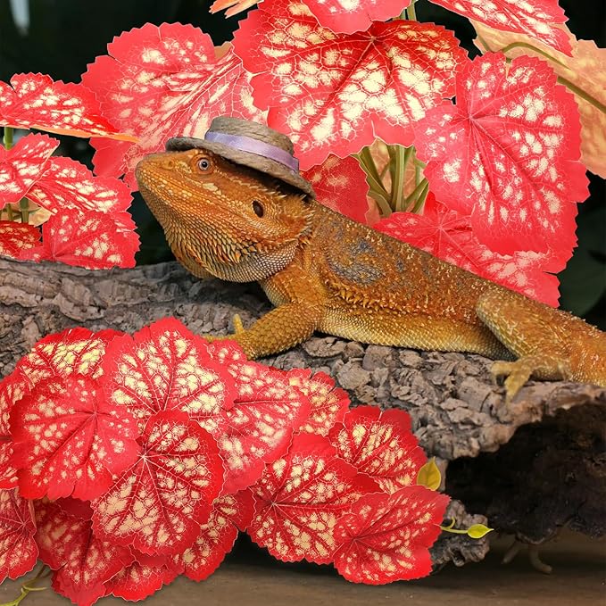 QUOZUO 2 Pack Reptile Plants for Terrarium, Artificial Leaves Habitat Decorations with Suction Cups, Terrarium Hanging Plants Vines for Bearded Dragons Lizards Snake Geckos Frogs - Red