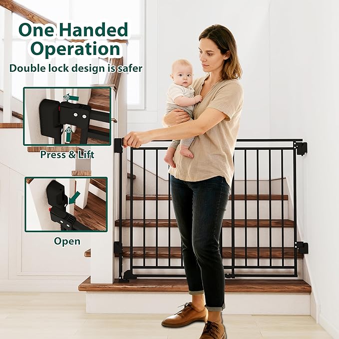 Miumoon 29-45" No Bottom Bar Baby Gate for Stairs, 2-in-1 Auto Close Dog Gate Indoor with Large Walk Thru Door, Hardware Mount Pet Gate for Top and Bottom Stairs (Black, 26.5-43" W x 29" H)
