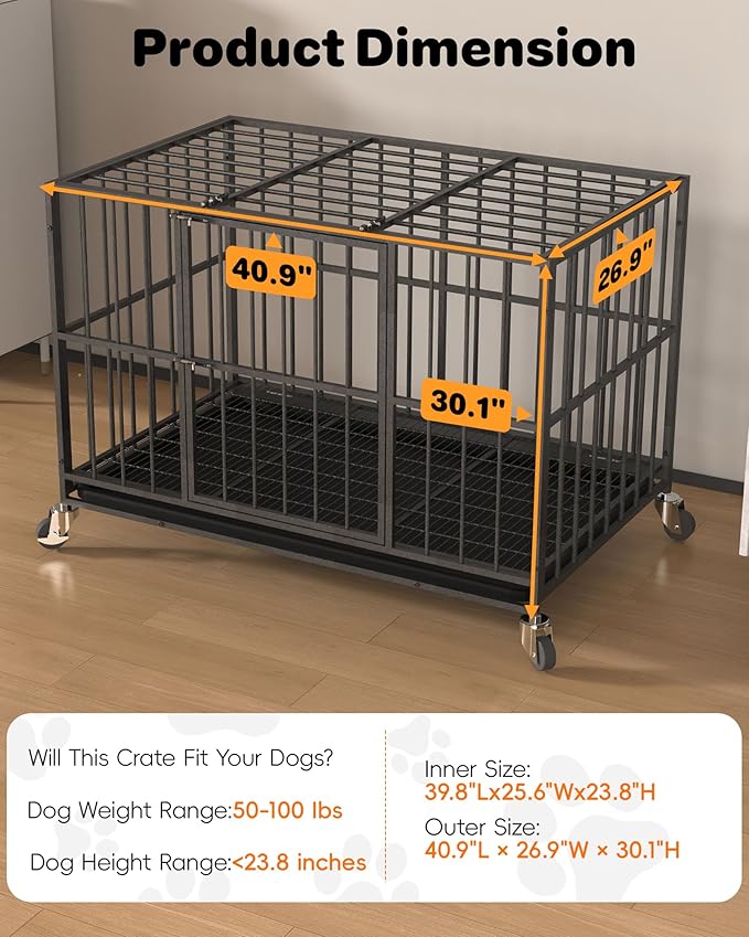 42 in Heavy Duty Dog Crate Steel Escape Proof, Indoor Double Doors and Lockable Wheels,Removable Tray, for Medium and Large Large Dog Breeds,XL