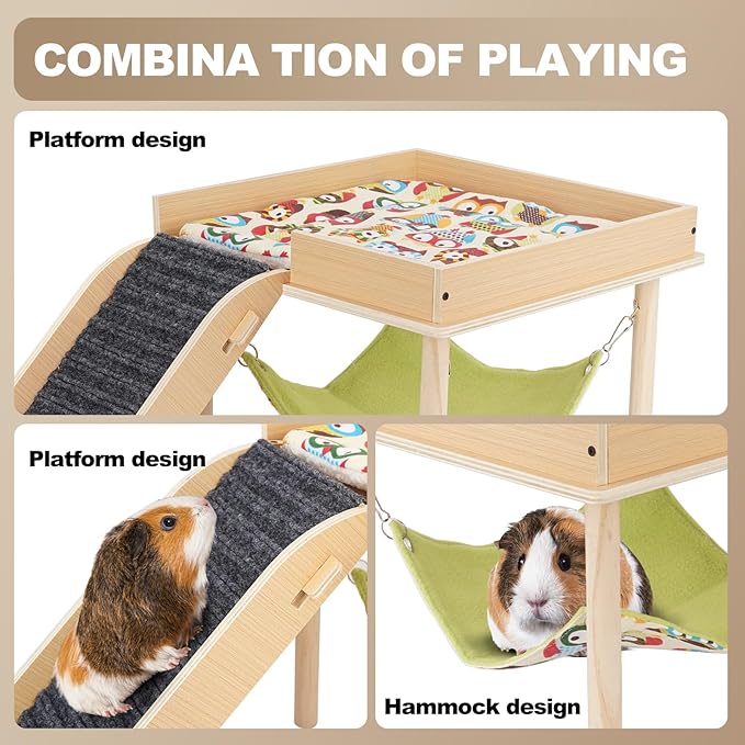 Guinea Pig Hammock with Ramp, Wooden Guinea Pig Hideout Toys with Platform, Guinea Accessories Castle with Soft Mat & Stairs for Cage Small Animals Hamsters Chinchilla Hedgehog Rat Ferret Bunny