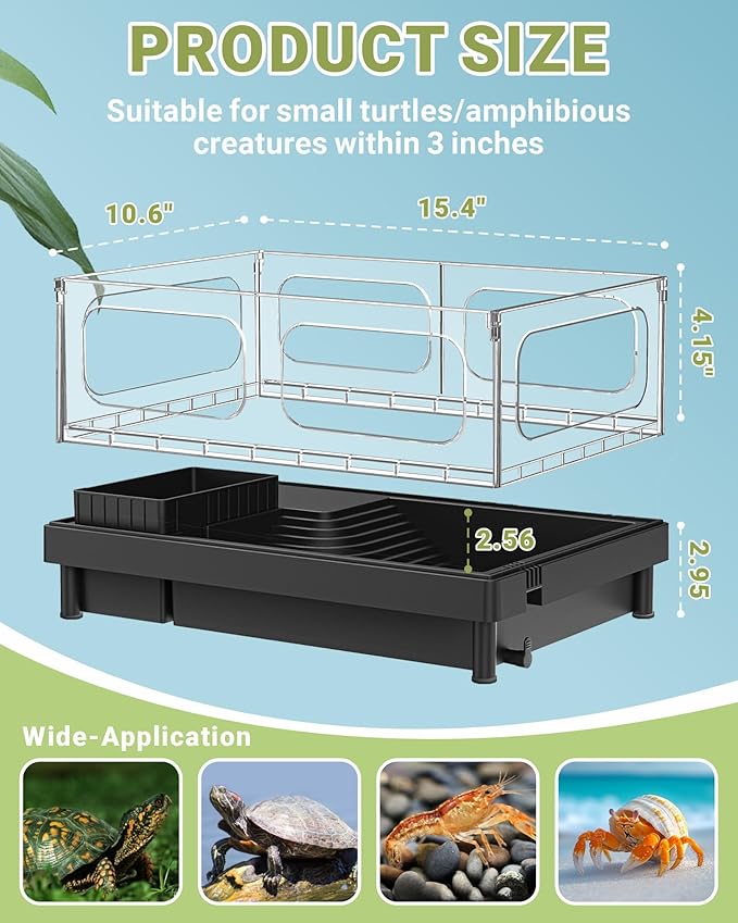 GOZILLA Small Turtle Tank Starter Kit, Acrylic Turtle Aquarium with Multi-Functional Areas for Turtles, Crabs, Crayfish, Small Reptiles. (Black Tank)