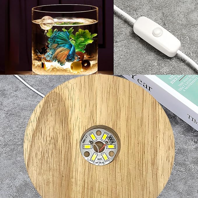 Aquarium Starter Kits 0.81-Gallon Fish Tank（6 inches） for Beginner Cylindrical Betta Fish Bowl with Wooden Base LED Light Water Pump Accessories Self-Cleaning Filter Copyright Patent