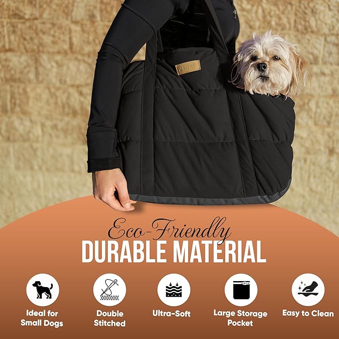 Plush Dog Purse Carrier for Small Dogs, Soft Tote Bag with Safety Harness Clip, Cozy Pet Carrier for Dogs Under 15 lbs, Comfortable Shoulder Carrier for Travel, Black 2.0