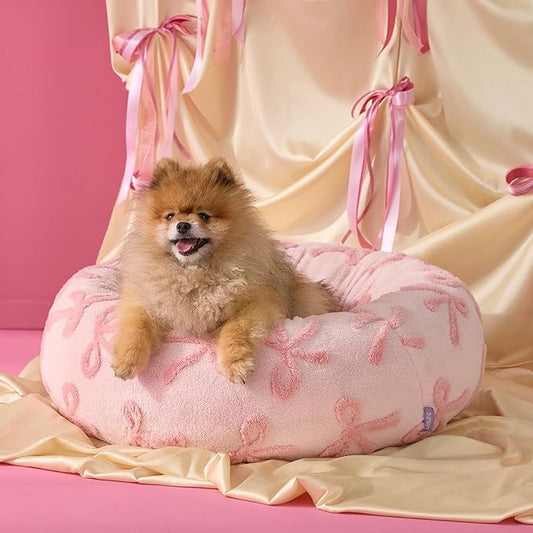 Lesure Shown on TV Donut Small Dog Bed - Round Cat Beds for Indoor Cats Anti-Anxiety Calming Gift for Pets, Washable Cute Modern Beds with Jacquard Shaggy Plush & Anti Slip Bottom, 27 Inch, Pink Taffy