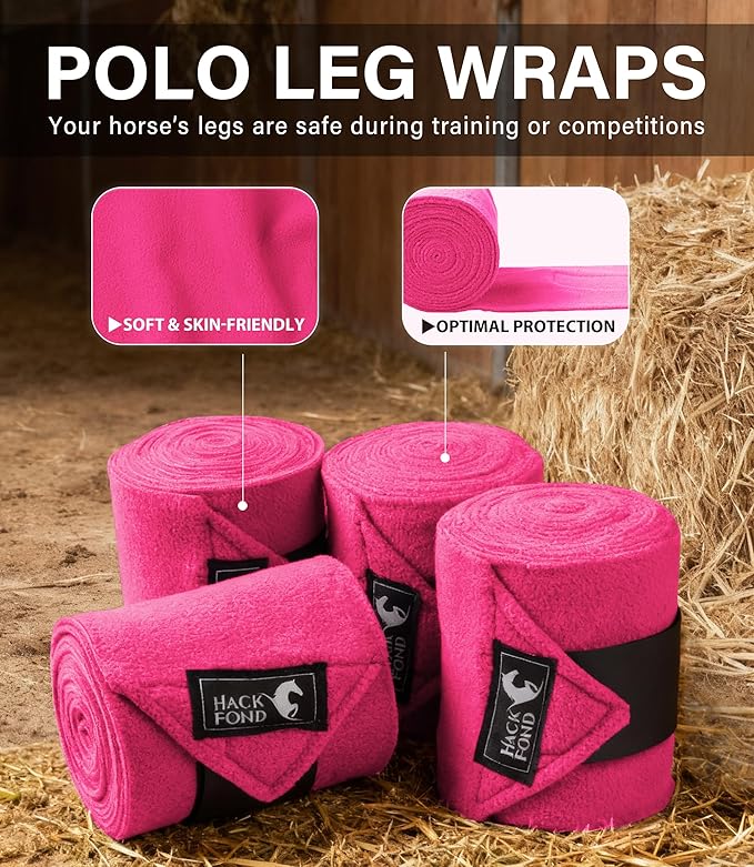 Fleece Horse Polo Leg Wraps Set of 4, 10' Horse Leg Bandages Stable Supplies Equestrian Boots Magenta