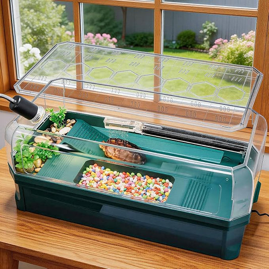 Turtle Tank Kit with 3-Stage Filter, Basking Platform & Heat Lamp - Complete Turtle Aquarium Habitat for Water Turtles, Enclosure or Hermit Crab Tank, Easy Drain Starter Kit Green, 25.9Inch