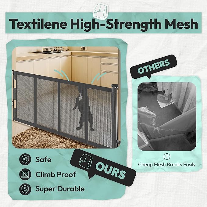 34" H Tall Mesh Dog Gate Extends Up to 200" W Retractable Pet Gate with Drill Installation, Preventing Crawling Through for Stairs, Doorways, Indoor & Outdoor (Grey)