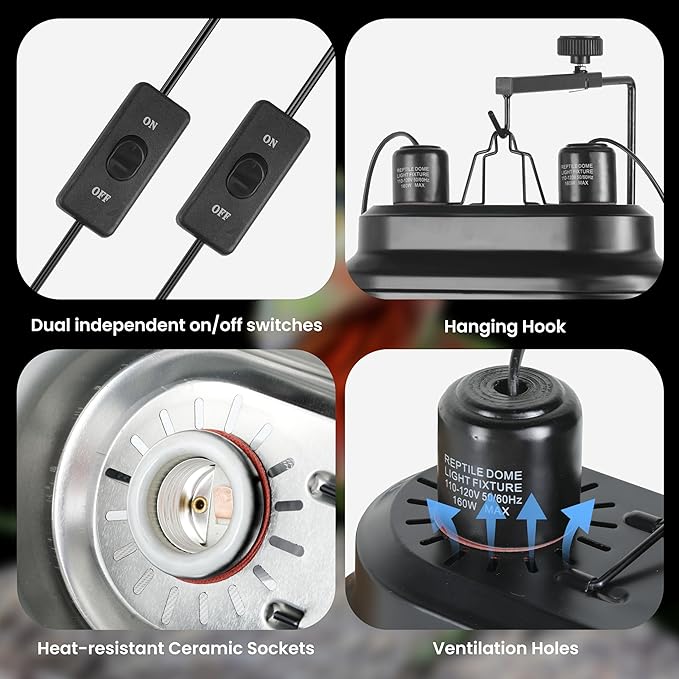 Simple Deluxe Dual Reptile Light Fixture 160W, Reflector Dome Heat/UVB Lamp Cap, for Small Animal Terrarium and Tortoise Habitat